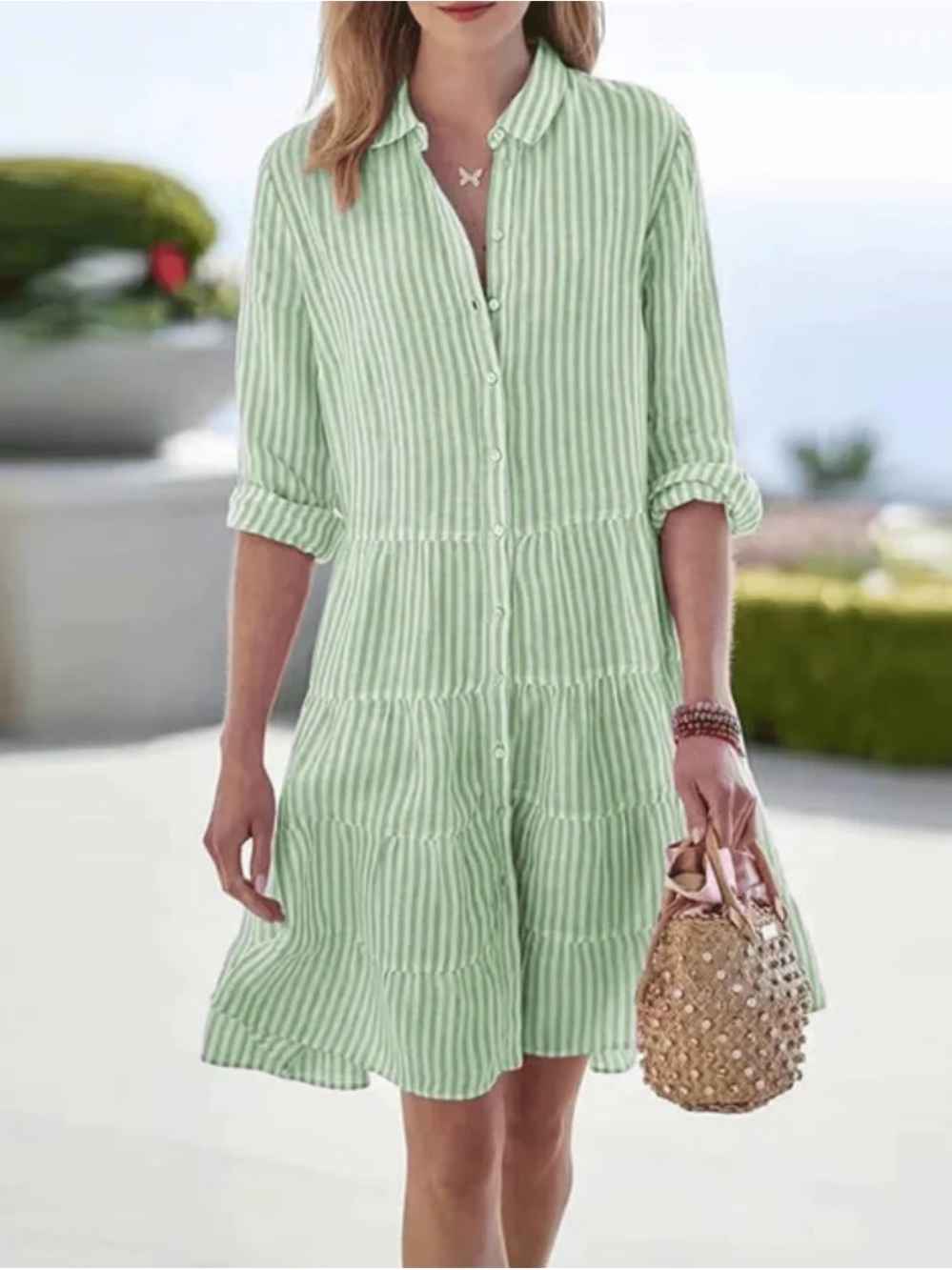 Women’s Mint Green Striped Button-Down Tiered Midi Dress